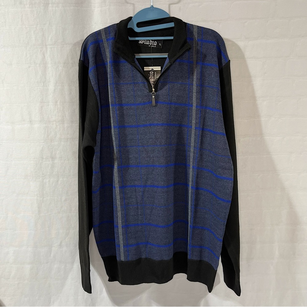 NWT - Men’s STUDIO BY OMEGA Large Long Sleeve Pullover Sweater, Blue & Black